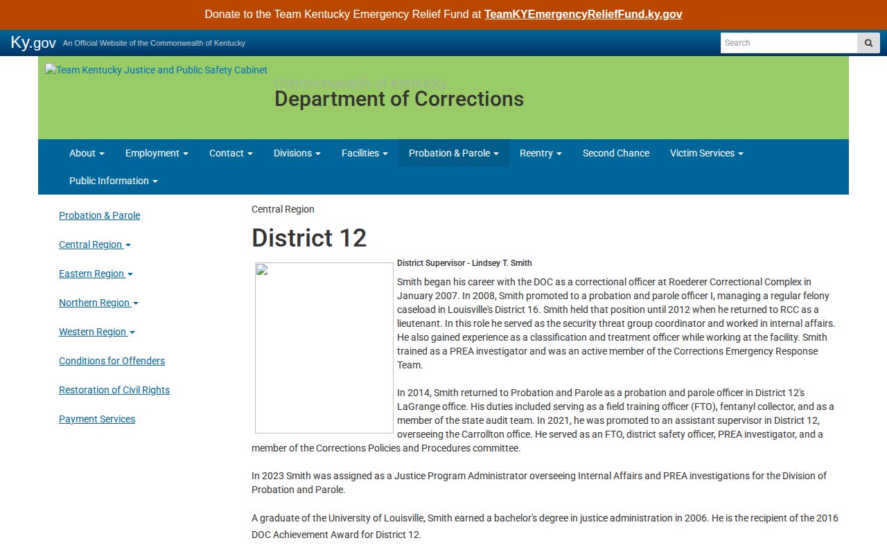 Kentucky Probation and Parole District 12 office directory serving Trimble County