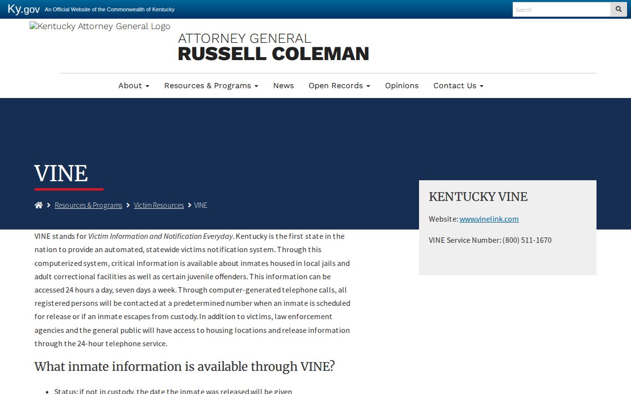 Kentucky VINE release notice information for Trimble County released inmates